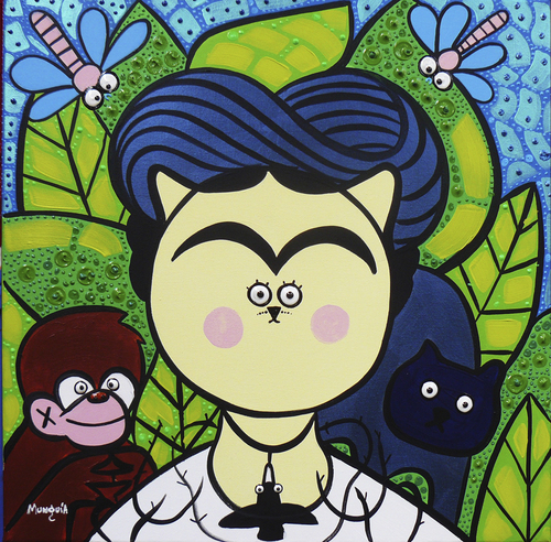 Cartoon: Frida Cat (medium) by Munguia tagged frida,kahlo,selfportrati,with,thorns,and,hummingbird,autorretrato,con,espinas,colibri,parody,famous,painting,iconic,cat,kitty