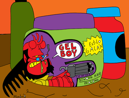 Cartoon: Gel Boy (medium) by Munguia tagged hellboy,hell,boy,comics,cartoon,moco,de,gorilla,plastigel,gel,hair,modeling,beuty,salon,barber,shop,evil,devil,red,gun