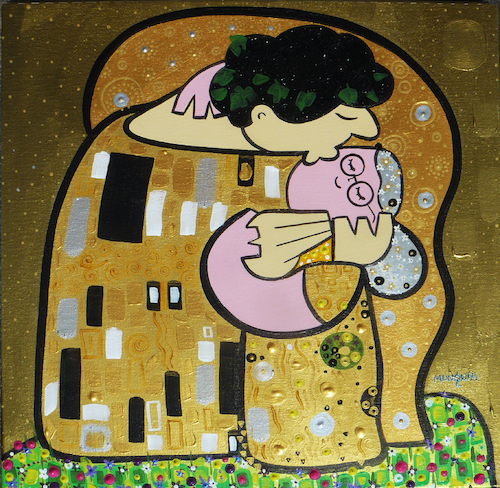 Cartoon: Grandmas kiss (medium) by Munguia tagged the,kiss,gustav,klimt,beso,parody,parodia,famous,paintings,parodies,cute,spoof,version,funny