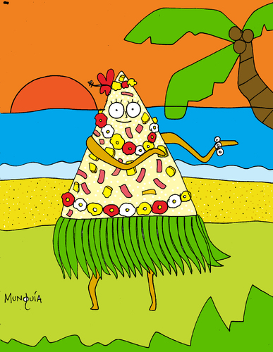 Cartoon: Hawaian pizza (medium) by Munguia tagged dance,sand,flowers,ham,pineapple,hawai,food,isle,beach,sea,woman,pizza,pizzapitch