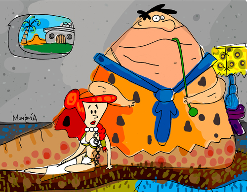 Cartoon: Jabba Dabba Doo (medium) by Munguia tagged yabba,dabba,doo,jabba,java,yaba,star,wars,the,flintstones,picapiedras,fred,wilma,pedro,vilma,piedradura,machismo