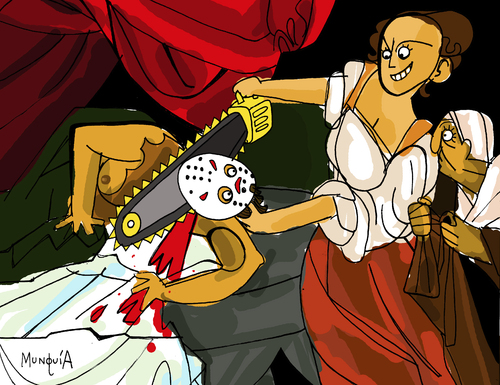 Cartoon: Jason vs Judith (medium) by Munguia tagged judith,beheading,holofernes,caravaggio,jason,friday,the,13th,parody,painting