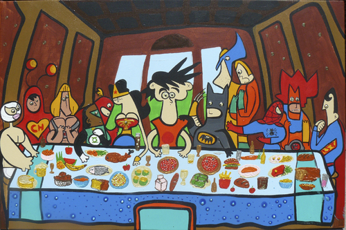 Cartoon: last supper hero (medium) by Munguia tagged da,vinci,leonardo,last,supper,ultima,cena,santa,super,heroes,batman,superman,goky,dragon,ball,spiderman,wonderwoman,thundercats,aquaman,chapulin,colorado,el,santo,he,man,flash,linterna,verde,green,wolverine,xmen