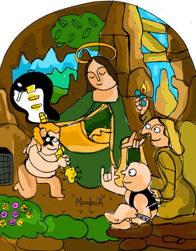 Cartoon: Madonna of Rock (medium) by Munguia tagged madonna,of,the,rock,virgin,madona,de,las,rocas,leonardo,da,vinci,famous,paintings,parodies