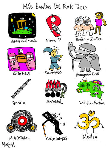 Cartoon: Mas Bandas de Rock Costarricense (medium) by Munguia tagged rock,tico,costa,rica,bandas,el,guato,cafe,con,leche,evolucion,ghandi,seka,inconciente,colectivo,50,al,norte,las,tortugas,kadeho,munguia,humor,grafico