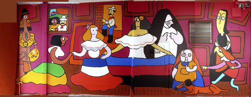 Cartoon: Meninas Parody Mural and More (medium) by Munguia tagged spanish,dog,dead,death,devil,mask,dress,typical,humour,painting,america,latinamerican,manners,francisco,munguia,diego,velazquez,rica,costa,mural,meninas