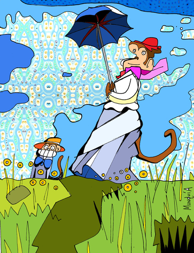 Cartoon: Monet (medium) by Munguia tagged monkey,monet,mother,son,madre,hijo,umbrella,impresionismo