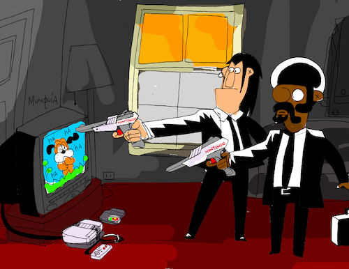 Cartoon: Nontendo (medium) by Munguia tagged tarantino,pulp,fiction,nintendo,gun,duck,hunt,classic,movie,parodies