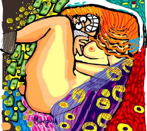 Cartoon: Rain of money (medium) by Munguia tagged danae,gustav,klimt,rain,of,gold,money,rich,nude,naked,famous,paintings,parodies