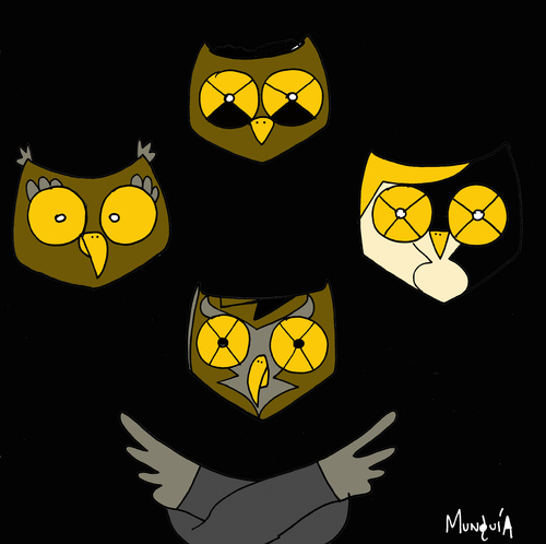 Cartoon: Rapsodia Buhemia (medium) by Munguia tagged buos,owl,queen,bohemian,rapsody,freddy,mercury,music,england,munguia,calcamunguias,cd,cover,album