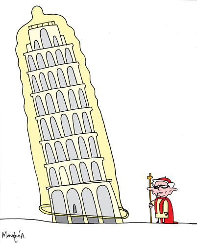 Cartoon: Safe Pisa (medium) by Munguia tagged pope,condom,safe,pisa,tower,italy,italia,ratzinger
