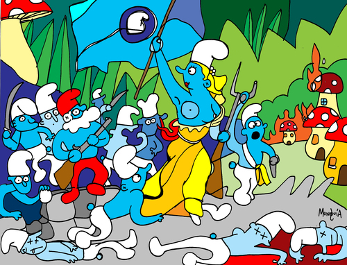 Cartoon: Smurf revolution (medium) by Munguia tagged de,la,croix,smurf,pitufos,revolucion,french,liberty,munguia,costa,rica,centroamerica,central,america,parody,spoof,parodies