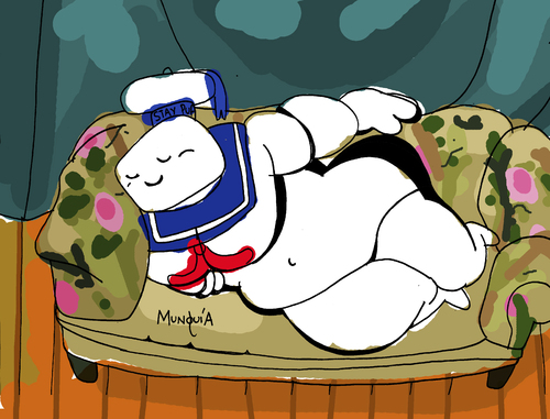 Cartoon: Stay Puft (medium) by Munguia tagged fat,sue,lucian,freud,stay,puft,ghostbusters,ghost,parody,80s,movie,sleep