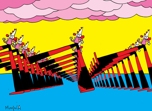 Cartoon: stilt walkers army (medium) by Munguia tagged zanqueros,payasos,funny,clowns,walkers,stilt,zancos,armada,army,pink,floyd,the,wall,muro,hammer