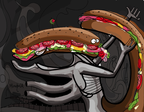 Cartoon: Submarine Sandwich head (medium) by Munguia tagged necronom,iv,hr,giger,subway,submarine,sandwich,submarino,alien,horror,famous,parodies,painting,creepy,scary