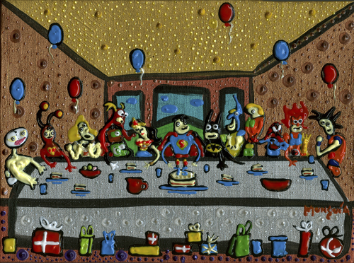 Cartoon: SuperMan 75th birthday party (medium) by Munguia tagged superman,super,man,dc,comics,da,vinci,last,supper,heroes,batman,spiderman,wolverine,he,chapulin,colorado,santo,wonder,woman,flash,green,latern,aquaman,painting,parody