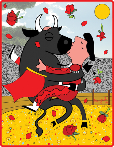 Cartoon: The kiss of the Gay Torey (medium) by Munguia tagged bull,fight,toro,gatorade,munguia,stadium,the