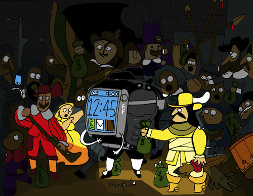 Cartoon: The Night Watch (medium) by Munguia tagged iwatch,mac,apple,watch,clock,rembrandt,parody,parodies,famous,paintings