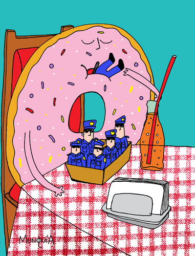 Cartoon: The Revenge of the donut (medium) by Munguia tagged donut,dona,rosquilla,munguia,police,cops,invert,restaurant,soda,the