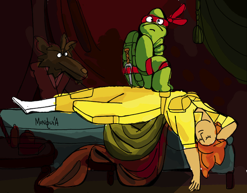 Cartoon: Turtle on April (medium) by Munguia tagged henry,fuseli,heinrich,fussli,the,nightmare,teenage,mutant,ninja,turtle,april,splinter,parody,famous,painting