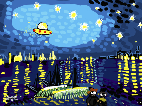 Cartoon: Ufo flying over starry night (medium) by Munguia tagged ovni,ufo,parody,night,stary,gogh,van,vincent