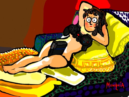Cartoon: Want to play? (medium) by Munguia tagged maja,desnuda,naked,nude,woman,famous,paintings,parodies,play,playstation,video,games,control,pad,joystick