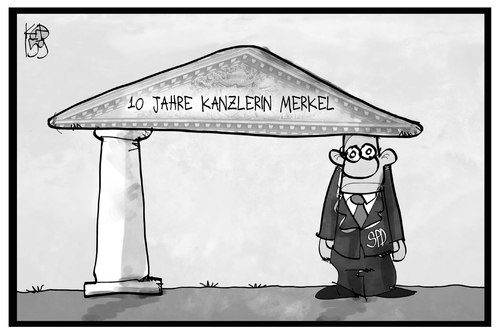 Cartoon: 10 Jahre Merkel (medium) by Kostas Koufogiorgos tagged karikatur,koufogiorgos,illustration,cartoon,merkel,cdu,spd,stütze,säule,gewicht,bundeskanzlerin,deutschland,jubiläum,partei,politik,karikatur,koufogiorgos,illustration,cartoon,merkel,cdu,spd,stütze,säule,gewicht,bundeskanzlerin,deutschland,jubiläum,partei,politik