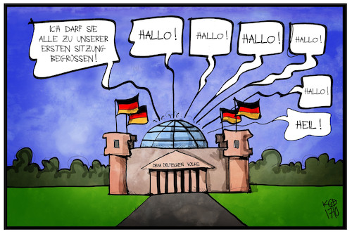 Cartoon: 1. Bundestagssitzung (medium) by Kostas Koufogiorgos tagged karikatur,koufogiorgos,illustration,cartoon,reichstag,bundestag,parlament,afd,begrüssung,sitzung,politik,partei,demokratie,geschichte,karikatur,koufogiorgos,illustration,cartoon,reichstag,bundestag,parlament,afd,begrüssung,sitzung,politik,partei,demokratie,geschichte