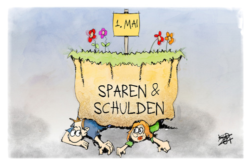Cartoon: 1. Mai (medium) by Kostas Koufogiorgos tagged karikatur,koufogiorgos,mai,sparen,last,schulden,arbeit,feiertag,karikatur,koufogiorgos,mai,sparen,last,schulden,arbeit,feiertag