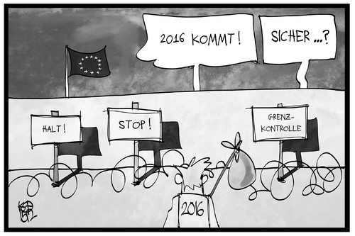 Cartoon: 2016 kommt (medium) by Kostas Koufogiorgos tagged karikatur,koufogiorgos,illustration,cartoon,2016,silvester,neujahr,eu,europa,flüchtling,einreise,papiere,grenze,zaun,karikatur,koufogiorgos,illustration,cartoon,2016,silvester,neujahr,eu,europa,flüchtling,einreise,papiere,grenze,zaun