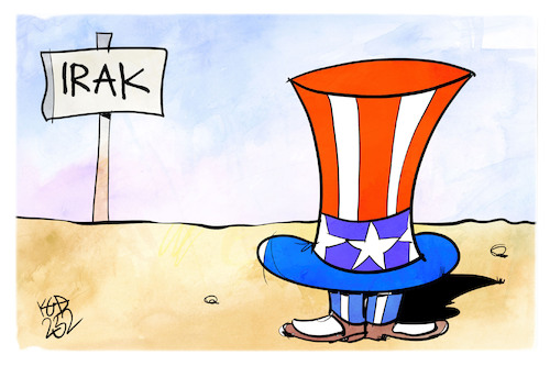 Cartoon: 20 Jahre Irakkrieg (medium) by Kostas Koufogiorgos tagged karikatur,koufogiorgos,irak,krieg,usa,uncle,sam,scham,hut,karikatur,koufogiorgos,irak,krieg,usa,uncle,sam,scham,hut