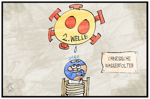 Cartoon: 2. Corona-Welle (medium) by Kostas Koufogiorgos tagged karikatur,koufogiorgos,illustration,cartoon,corona,welle,wasser,folter,china,pandemie,virus,karikatur,koufogiorgos,illustration,cartoon,corona,welle,wasser,folter,china,pandemie,virus