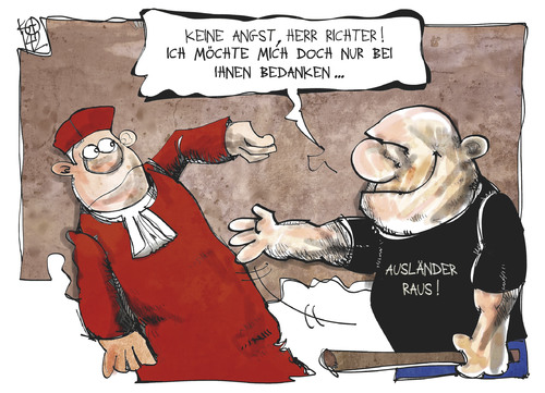 Cartoon: 3-Prozent-Hürde (medium) by Kostas Koufogiorgos tagged karikatur,illustration,cartoon,koufogiorgos,bvg,bundesverfassungsgericht,neonazi,nazi,rechtsradikalismus,splitterpartei,richter,urteil,gewalt,skinhead,europawahl,karikatur,illustration,cartoon,koufogiorgos,bvg,bundesverfassungsgericht,neonazi,nazi,rechtsradikalismus,splitterpartei,richter,urteil,gewalt,skinhead,europawahl