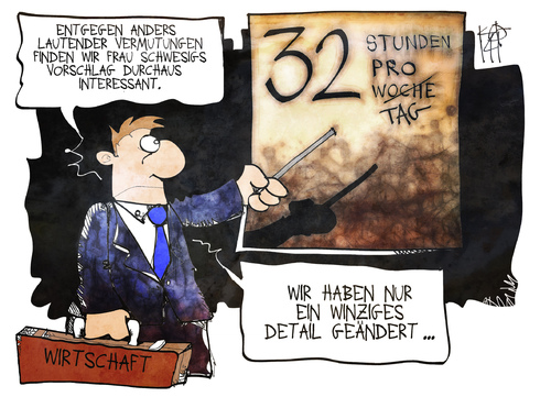 Cartoon: 32 Stunden-Woche (medium) by Kostas Koufogiorgos tagged schwesig,familie,arbeit,wirtschaft,arbeitszeit,karriere,karikatur,koufogiorgos,schwesig,familie,arbeit,wirtschaft,arbeitszeit,karriere,karikatur,koufogiorgos