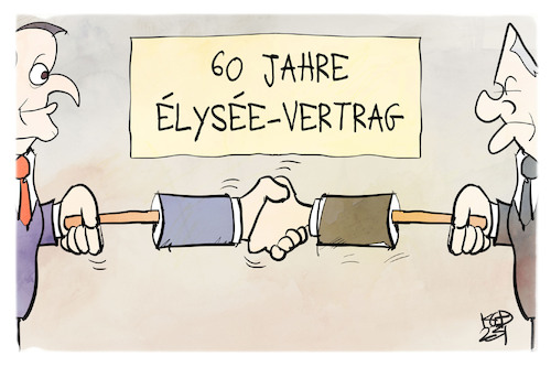 Cartoon: 60 Jahre Elysee-Vertrag (medium) by Kostas Koufogiorgos tagged karikatur,koufogiorgos,elysee,hand,händedruck,gratulation,vertrag,frankreich,deutschland,karikatur,koufogiorgos,elysee,hand,händedruck,gratulation,vertrag,frankreich,deutschland