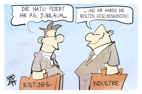 Cartoon: 75 Jahre Nato (medium) by Kostas Koufogiorgos tagged karikatur,koufogiorgos,nato,rüstungsindustrie,waffen,geschenk,karikatur,koufogiorgos,nato,rüstungsindustrie,waffen,geschenk