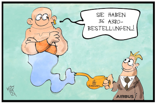 Cartoon: A380 (medium) by Kostas Koufogiorgos tagged karikatur,koufogiorgos,illustration,cartoon,1380,airbus,auftrag,aladdin,wunderlampe,wunsch,bestellung,wirtschaft,karikatur,koufogiorgos,illustration,cartoon,1380,airbus,auftrag,aladdin,wunderlampe,wunsch,bestellung,wirtschaft