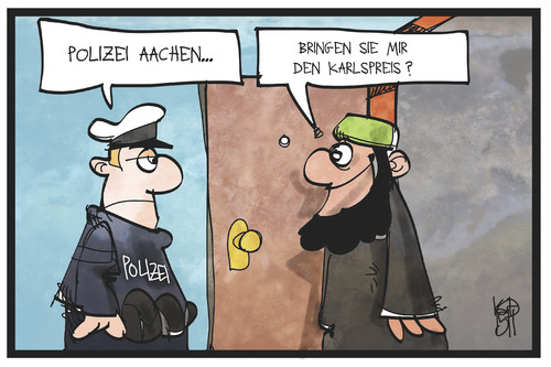 Cartoon: Aachen (medium) by Kostas Koufogiorgos tagged karikatur,koufogiorgos,illustration,cartoon,aachen,polizei,islamist,salafist,karlspreis,verhaftung,razzia,karikatur,koufogiorgos,illustration,cartoon,aachen,polizei,islamist,salafist,karlspreis,verhaftung,razzia