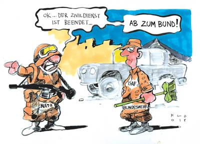 Cartoon: Ab zum Bund! (medium) by Kostas Koufogiorgos tagged bundeswehr,afghanistan,nato,usa,,bundeswehr,außenpolitik,soldat,soldaten,afghanistan,nato,isaf,un,mandat,zivildienst,kampfeinsatz,kampf,krieg,sicherheit,härte,befehlen,befehl,terror,terrorismus,taliban,al qaida,al kaida,al,qaida,kaida