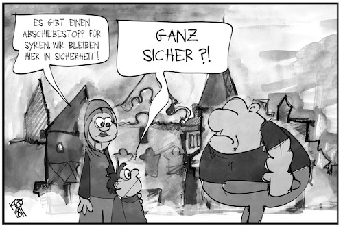 Cartoon: Abstiebestopp für Syrien (medium) by Kostas Koufogiorgos tagged karikatur,koufogiorgos,illustration,cartoon,abschiebung,abschiebestopp,syrien,flüchtling,migration,krieg,neonazi,sicherheit,bedrohung,rechtsextremismus,mutter,kind,karikatur,koufogiorgos,illustration,cartoon,abschiebung,abschiebestopp,syrien,flüchtling,migration,krieg,neonazi,sicherheit,bedrohung,rechtsextremismus,mutter,kind