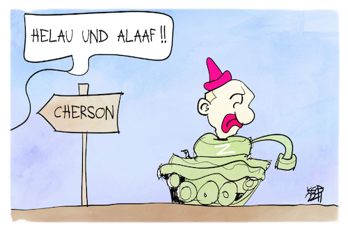 Cartoon: Abzug aus Cherson (medium) by Kostas Koufogiorgos tagged karikatur,koufogiorgos,cherson,putin,panzer,karneval,helau,alaaf,clown,krieg,ukraine,karikatur,koufogiorgos,cherson,putin,panzer,karneval,helau,alaaf,clown,krieg,ukraine