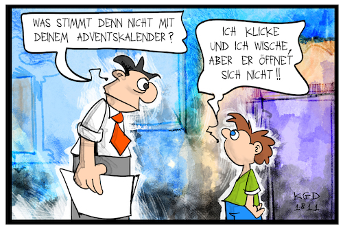 Cartoon: Adventskalender 2.0 (medium) by Kostas Koufogiorgos tagged karikatur,koufogiorgos,illustration,cartoon,vater,kind,adventskalender,digital,weihnachtszeit,missverständnis,bildung,karikatur,koufogiorgos,illustration,cartoon,vater,kind,adventskalender,digital,weihnachtszeit,missverständnis,bildung