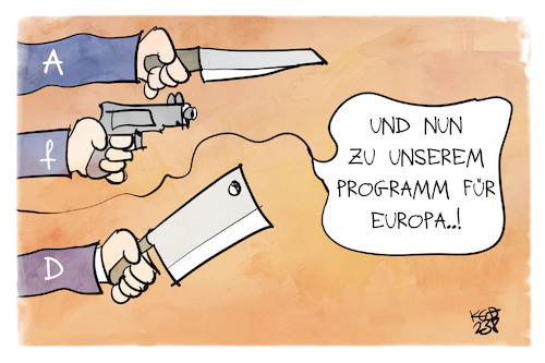 Cartoon: AfD-Europaprogramm (medium) by Kostas Koufogiorgos tagged karikatur,koufogiorgos,afd,europa,programm,waffen,populismus,partei,karikatur,koufogiorgos,afd,europa,programm,waffen,populismus,partei