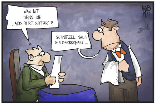 Cartoon: AfD-Führungsspitze (medium) by Kostas Koufogiorgos tagged karikatur,koufogiorgos,illustration,cartoon,gutsherrenart,schnitzel,afd,partei,kellner,gast,restaurant,politik,karikatur,koufogiorgos,illustration,cartoon,gutsherrenart,schnitzel,afd,partei,kellner,gast,restaurant,politik