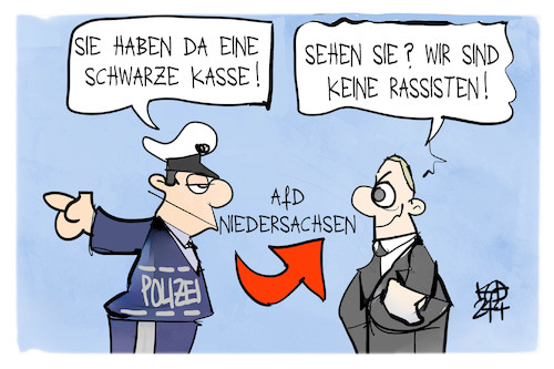 Cartoon: AfD-Razzia (medium) by Kostas Koufogiorgos tagged karikatur,koufogiorgos,afd,razzia,schwarz,betrug,partei,karikatur,koufogiorgos,afd,razzia,schwarz,betrug,partei