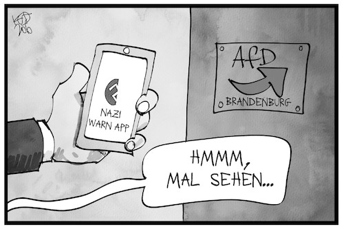 Cartoon: AfD Brandenburg (medium) by Kostas Koufogiorgos tagged karikatur,illustration,cartoon,koufogiorgos,afd,partei,verfassungsschutz,brandenburg,nati,warnung,app,karikatur,illustration,cartoon,koufogiorgos,afd,partei,verfassungsschutz,brandenburg,nati,warnung,app