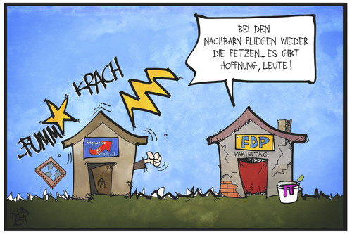 Cartoon: AfD und FDP (medium) by Kostas Koufogiorgos tagged karikatur,koufogiorgos,illustration,cartoon,afd,fdp,haus,partei,politik,streit,nachbar,hoffnung,krise,karikatur,koufogiorgos,illustration,cartoon,afd,fdp,haus,partei,politik,streit,nachbar,hoffnung,krise