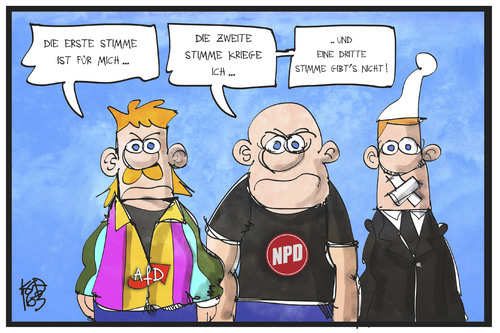 Cartoon: AfD und NPD (medium) by Kostas Koufogiorgos tagged karikatur,koufogiorgos,illustration,cartoon,npd,afd,partei,wahl,erststimme,zweitstimme,kampagne,stimme,wählen,wähler,michel,landtagswahl,demokratie,wahltaktik,politik,karikatur,koufogiorgos,illustration,cartoon,npd,afd,partei,wahl,erststimme,zweitstimme,kampagne,stimme,wählen,wähler,michel,landtagswahl,demokratie,wahltaktik,politik