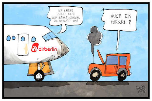 Cartoon: Air Berlin (medium) by Kostas Koufogiorgos tagged air,berlin,diesel,dieselgate,staat,hilfe,geld,unterstützung,schrott,wirtschaft,steuergeld,abgasskandal,air,berlin,diesel,dieselgate,staat,hilfe,geld,unterstützung,schrott,wirtschaft,steuergeld,abgasskandal