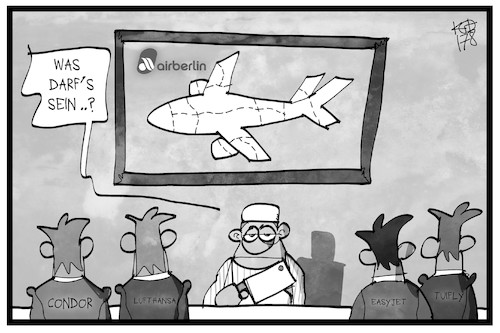 Cartoon: Air Berlin wird aufgeteilt (medium) by Kostas Koufogiorgos tagged karikatur,koufogiorgos,illustration,cartoon,air,berlin,fluggesellschaft,fluglinie,condor,easyjet,tuifly,lufthansa,schlachter,metzger,verkauf,zerschlagung,kunde,wirtschaft,insolvenz,karikatur,koufogiorgos,illustration,cartoon,air,berlin,fluggesellschaft,fluglinie,condor,easyjet,tuifly,lufthansa,schlachter,metzger,verkauf,zerschlagung,kunde,wirtschaft,insolvenz